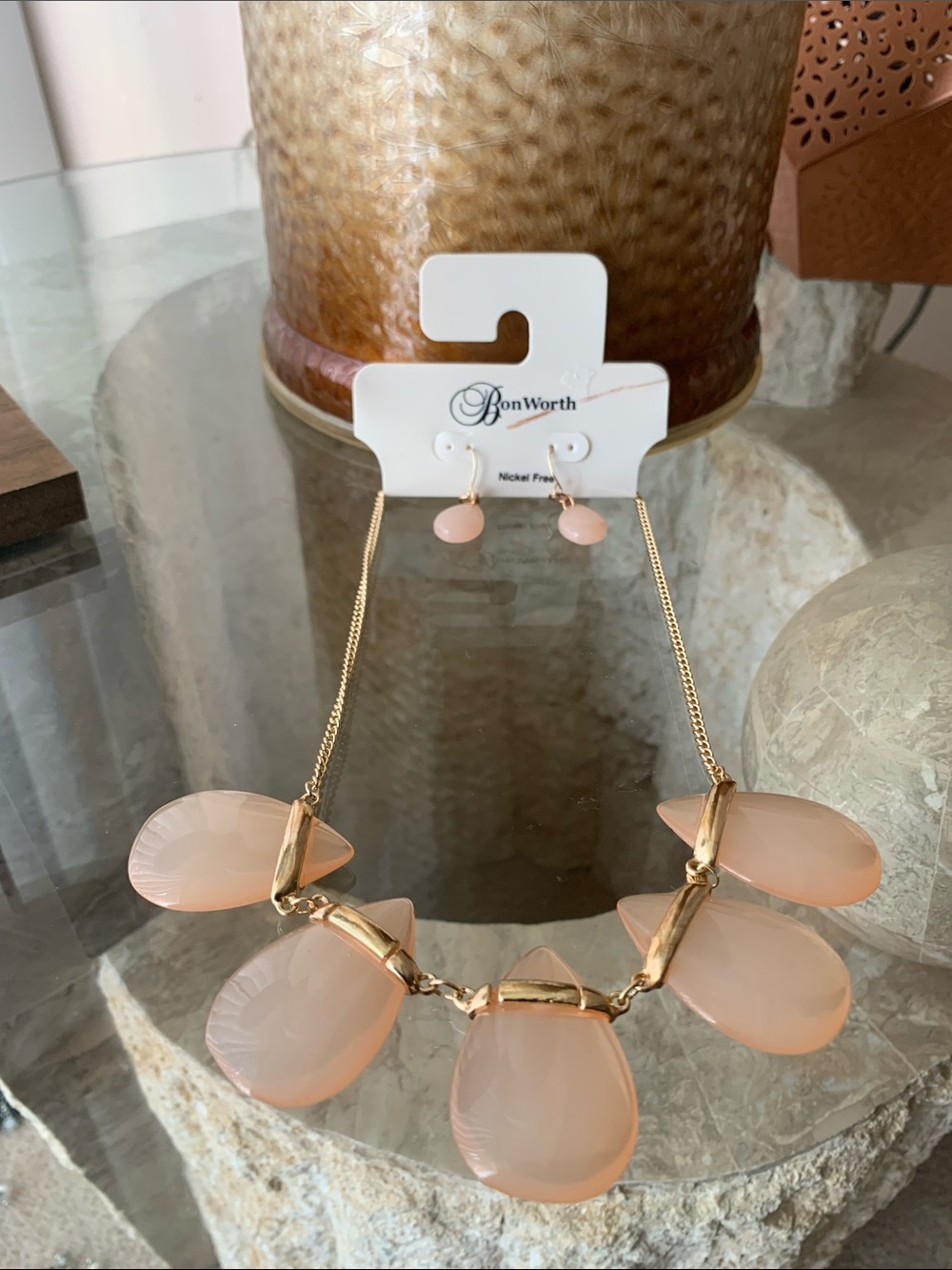 BonWorth Peach-Pink Teardrop Necklace with Matching Earrings